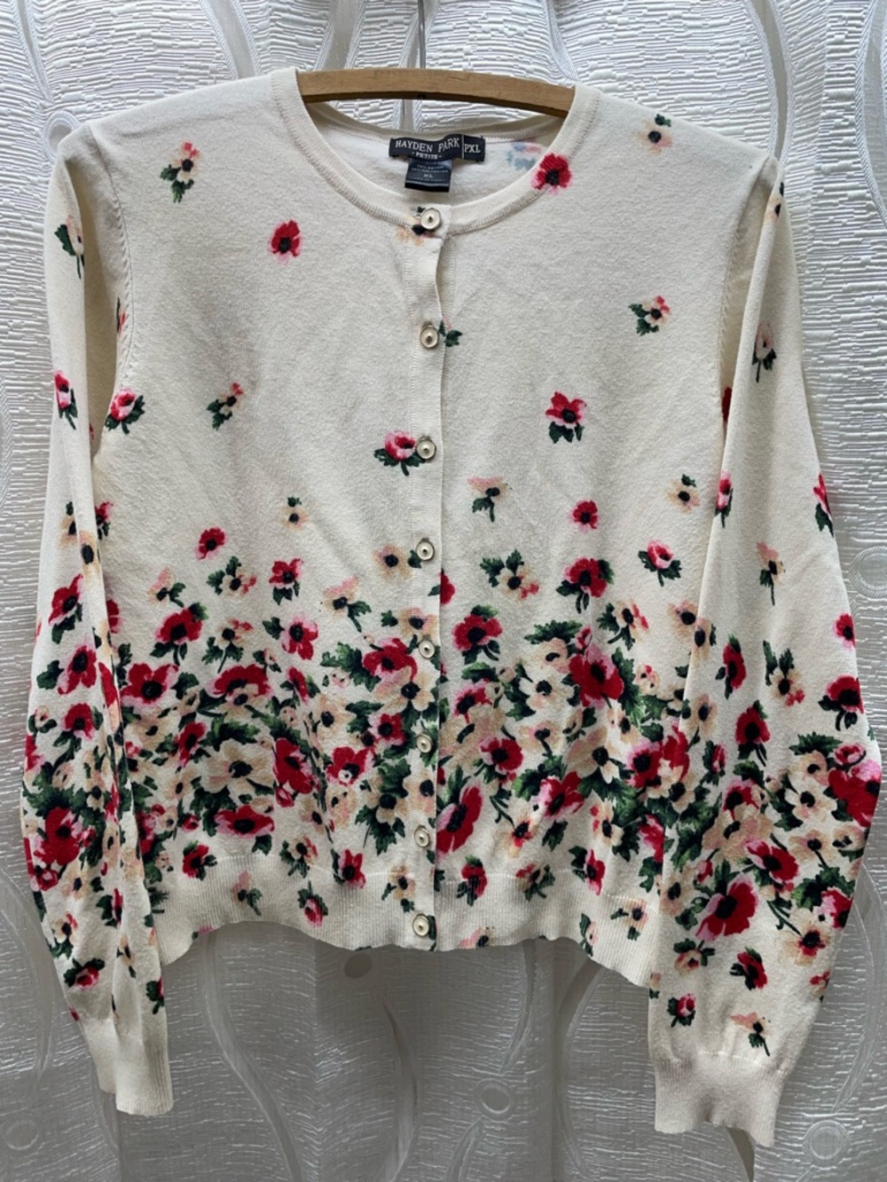 Hayden Park‎ Cardigan Womens PXL Cream Floral Poppy Button Front Good Petite XL